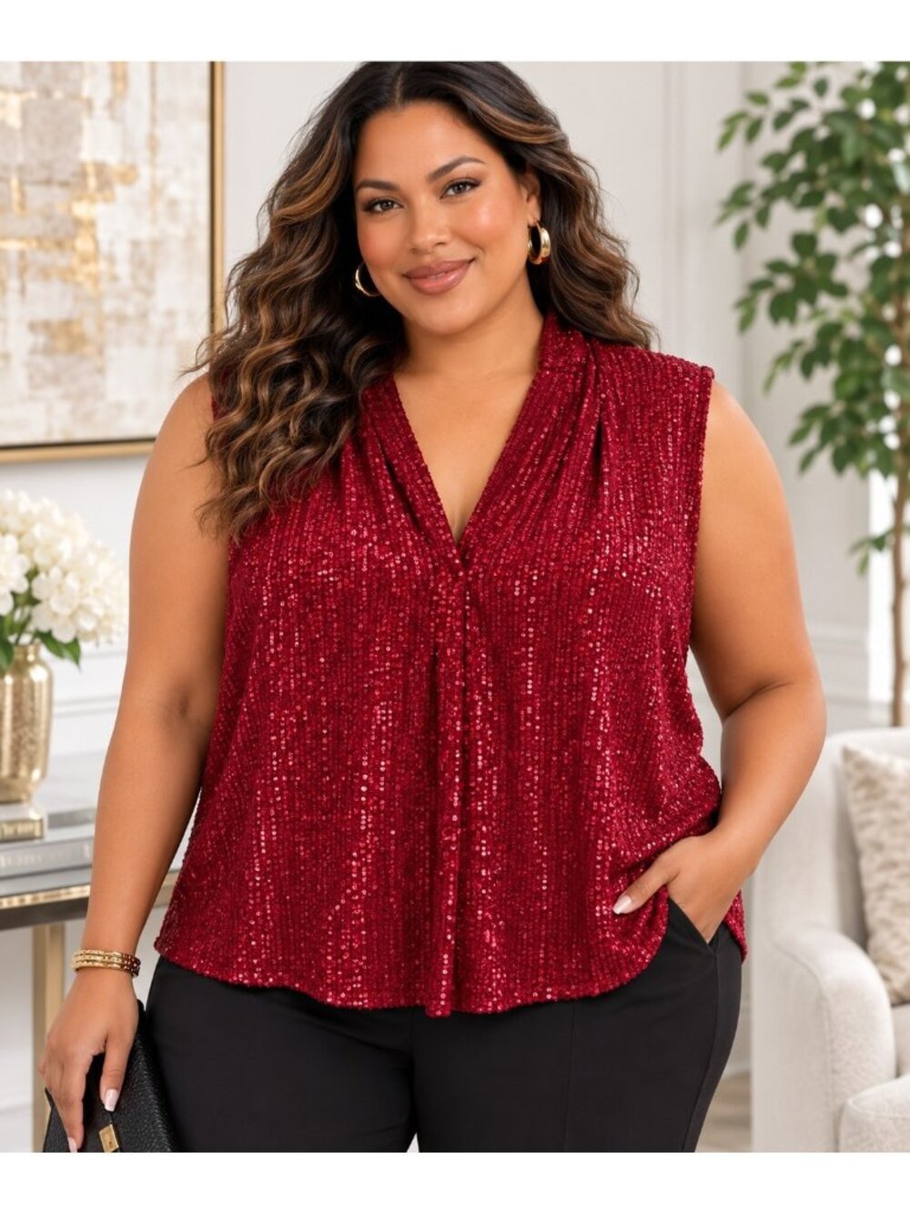 Calvin Klein Women's 2X Red Sequin Wrap Top Plus Size Sleeveless Party Cocktail